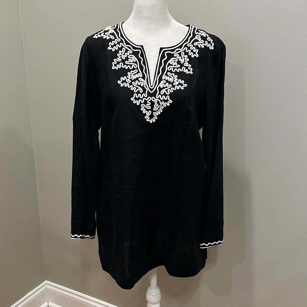 Madison Linen Embroidered Black Tunic Top